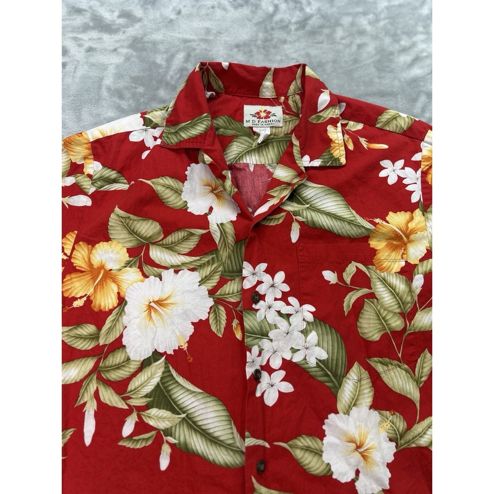 Vintage Mens Hawaiian Shirt Large M D Fashion of Hawaii Floral Red Hibiscus Palm